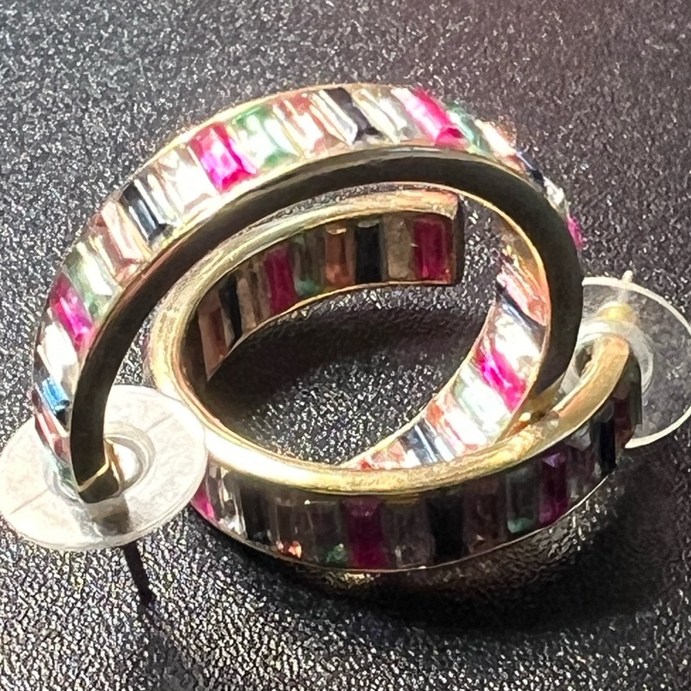 J CREW Baguette Color Crystal Rhinestone Gold Tone Preppy Hoop Pierced Earrings